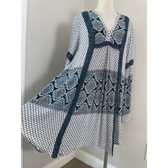 Knox Rose Womens Plus XXL Boho Tunic Dress V Neck Long Sleeve Blue - Picture 6 of 10